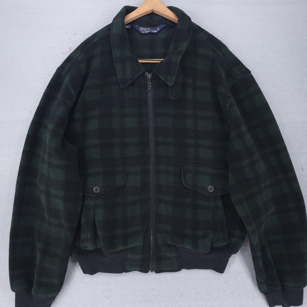 Vintage Polo Ralph Lauren Jacket Mens Large Green Blackwatch Plaid Fleece Bomber